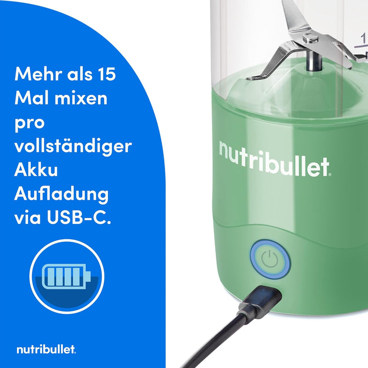 nutribullet Portable NBP003LG, tragbarer Mixer (475ml), wiederaufladbar, Mini Mixer, 4-Klingen-Messe