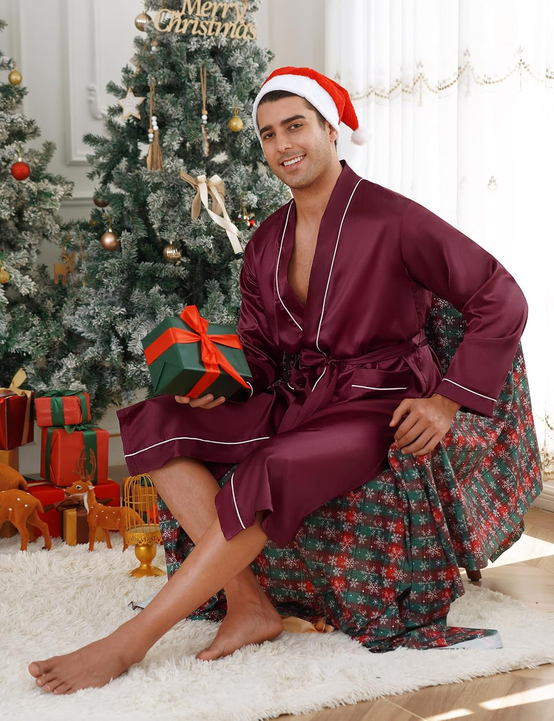 Bresdk Morgenmantel Herren Satin Kimono Robe Lang Leichter Bademantel für Männer 3XL Rot M885, 3XL R
