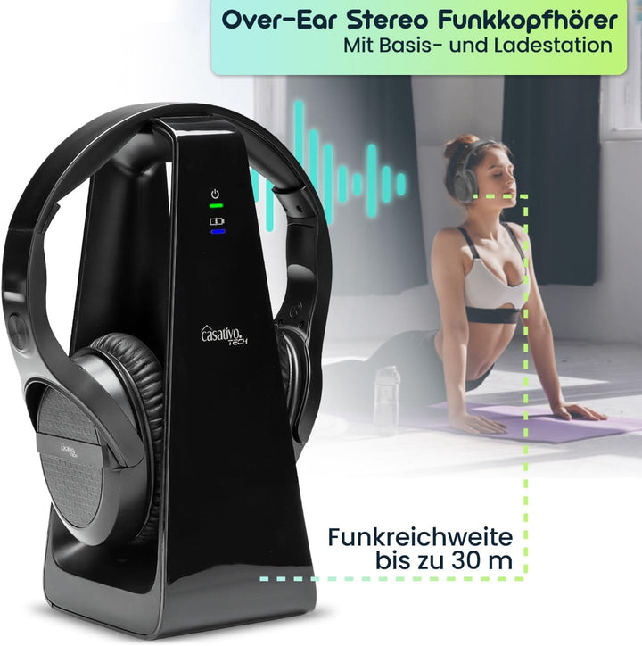 Digitaler Stereo-Funk-Kopfhörer mit 2-in-1 Funk- & Ladestation – kabellos, 30 m Reichweite, kristall