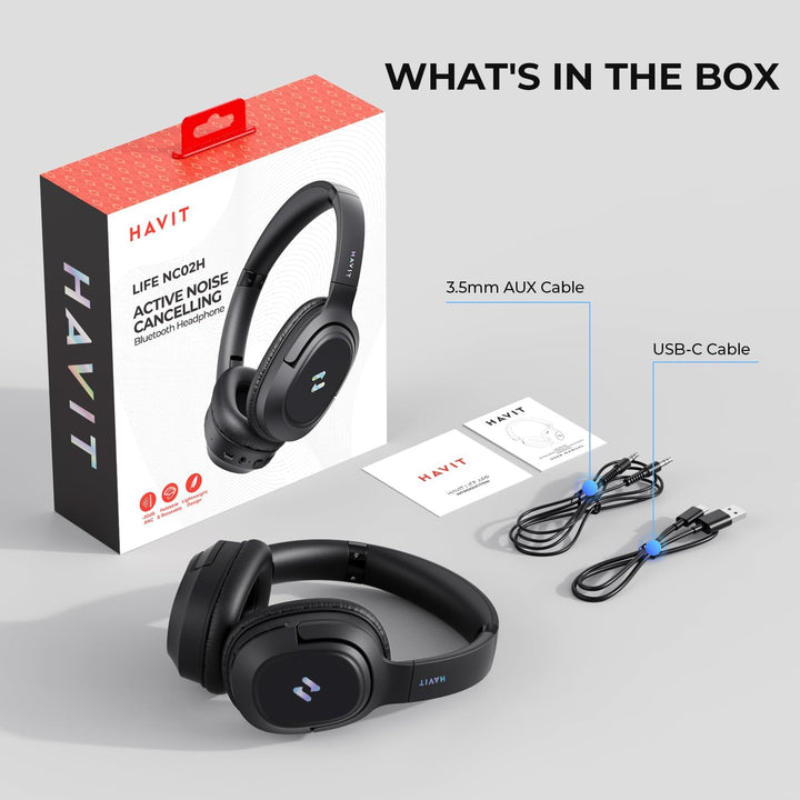 Havit Kopfhörer mit aktiver Geräuschunterdrückung, kabellose Over-Ear-Bluetooth-Kopfhörer mit 60 ms