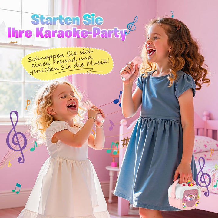 Karaoke Maschine Kinder mit 2 Bluetooth Karaoke Mikrofon, Einhorn Geschenk Spielzeug für Mädchen 3-1