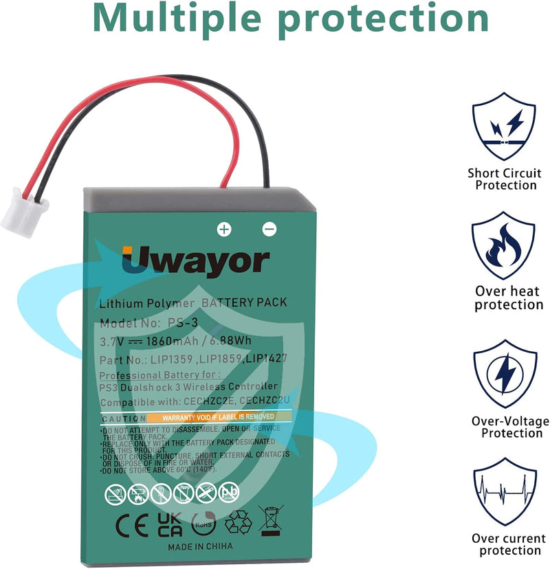 Uwayor Akku PS3 Controller Akku LIP1359 PS3 Ersatz Akku 2X 1860mAh für Sony Playstation 3 und Dualsh