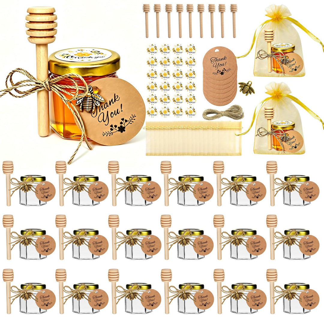20 Pack 1.5 oz Hexagon Mini Glas Honig Gläser mit hölzernen Dippers, Bienen Anhänger, goldene Gesche