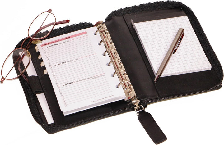 ALMADIH Leder A7 Organizer mit Reissverschluss Kalender 2024 Notizblock Premium Rindsleder Schwarz i