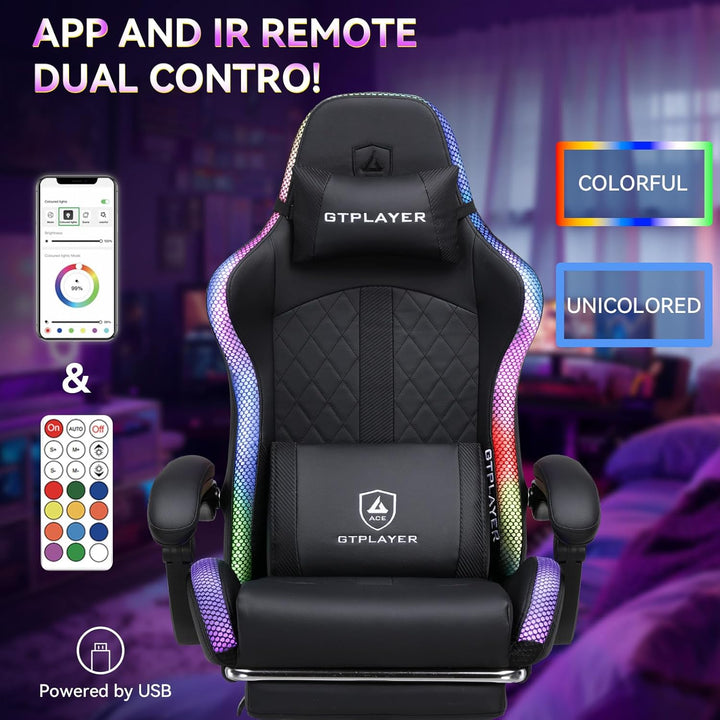 GTPLAYER Gaming Stuhl, Bürostuhl, Gaming Chair mit Lautsprecher und Lichtleiste, Gamer Stuhl, Rücken
