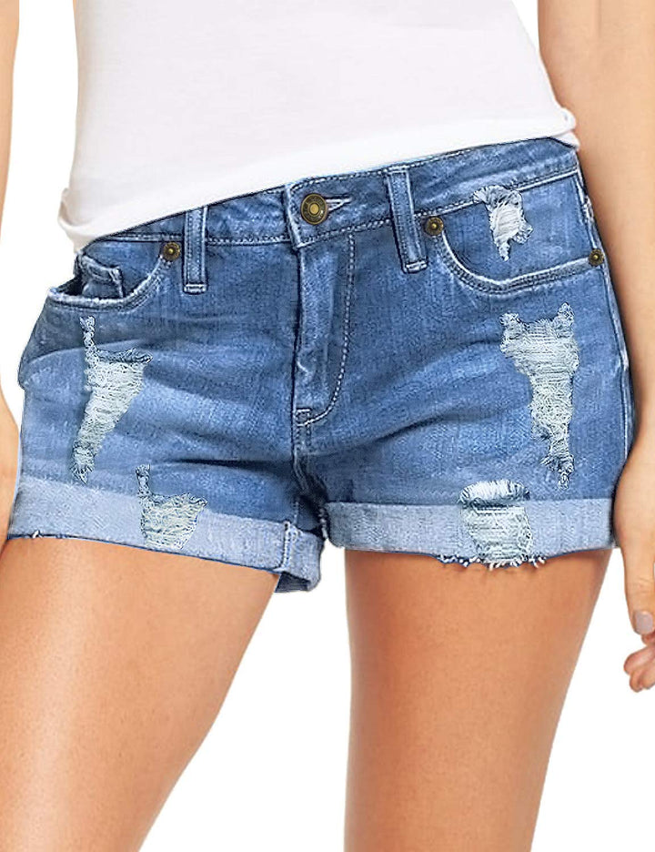 Necooer Damen Casual Ripped Denim Shorts Mittlere Taille Kurze Jeanshose mit Taschen S Hellblau, S H