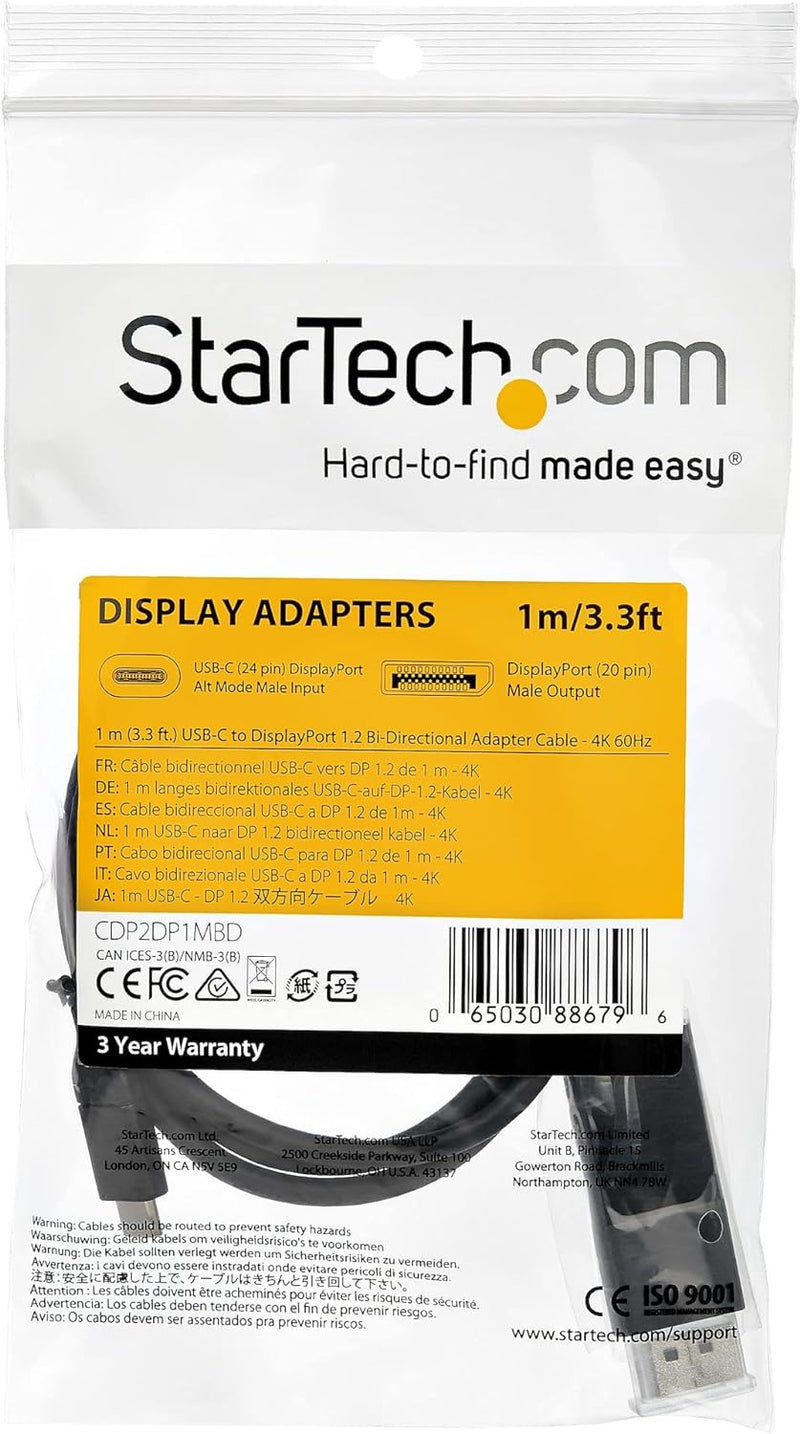 StarTech.com 1 m USB C auf DisplayPort 1.2 Kabel 4K 60Hz - Bidirektionales DP auf USB-C oder USB-C a