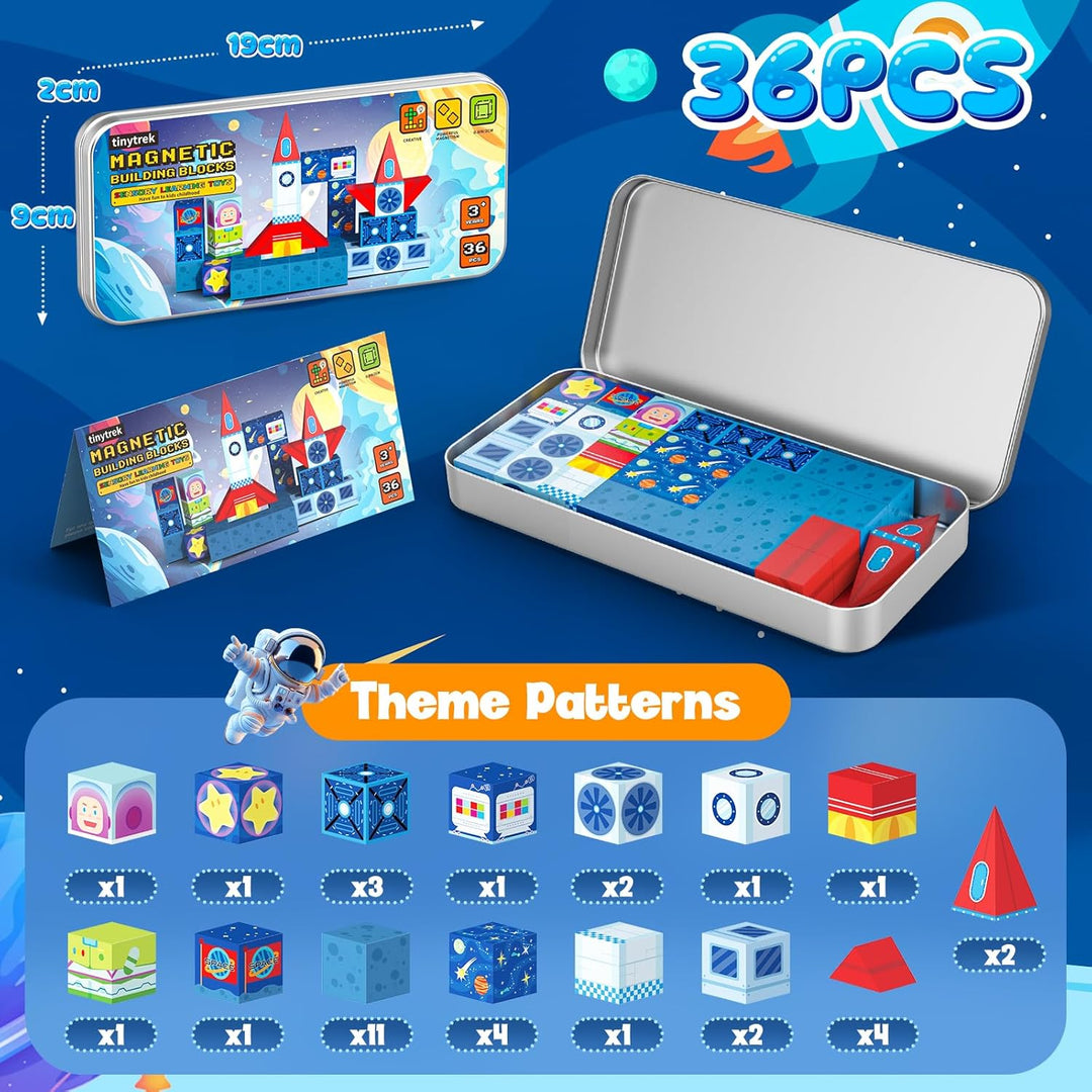 tinytrek Magnetische Bausteine Reisespielzeug für Kinder 36 Stück Tragbare Reise Mini-Magnetbaustein