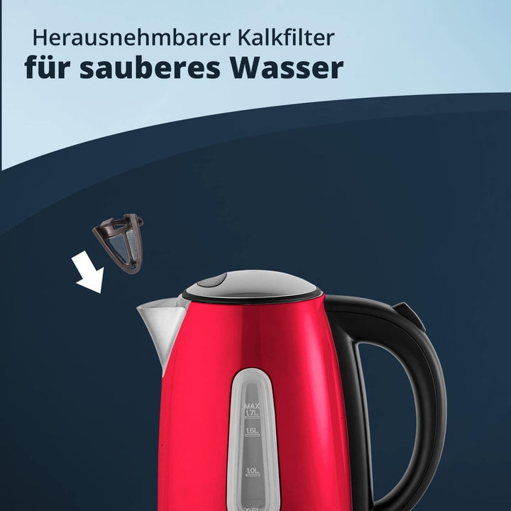 KHG Frühstücksset aus Wasserkocher & Toaster in Rot, Edelstahl Metallic Chrom, 1,7l Kapazität & 2 To