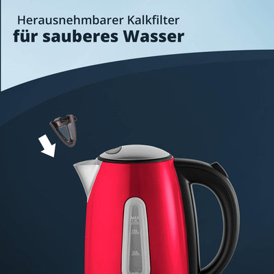 KHG Wasserkocher WK-1707 MRE Edelstahl rot 1,7 Liter, auswaschbarer Kalkfilter, Wasserstandsanzeige,