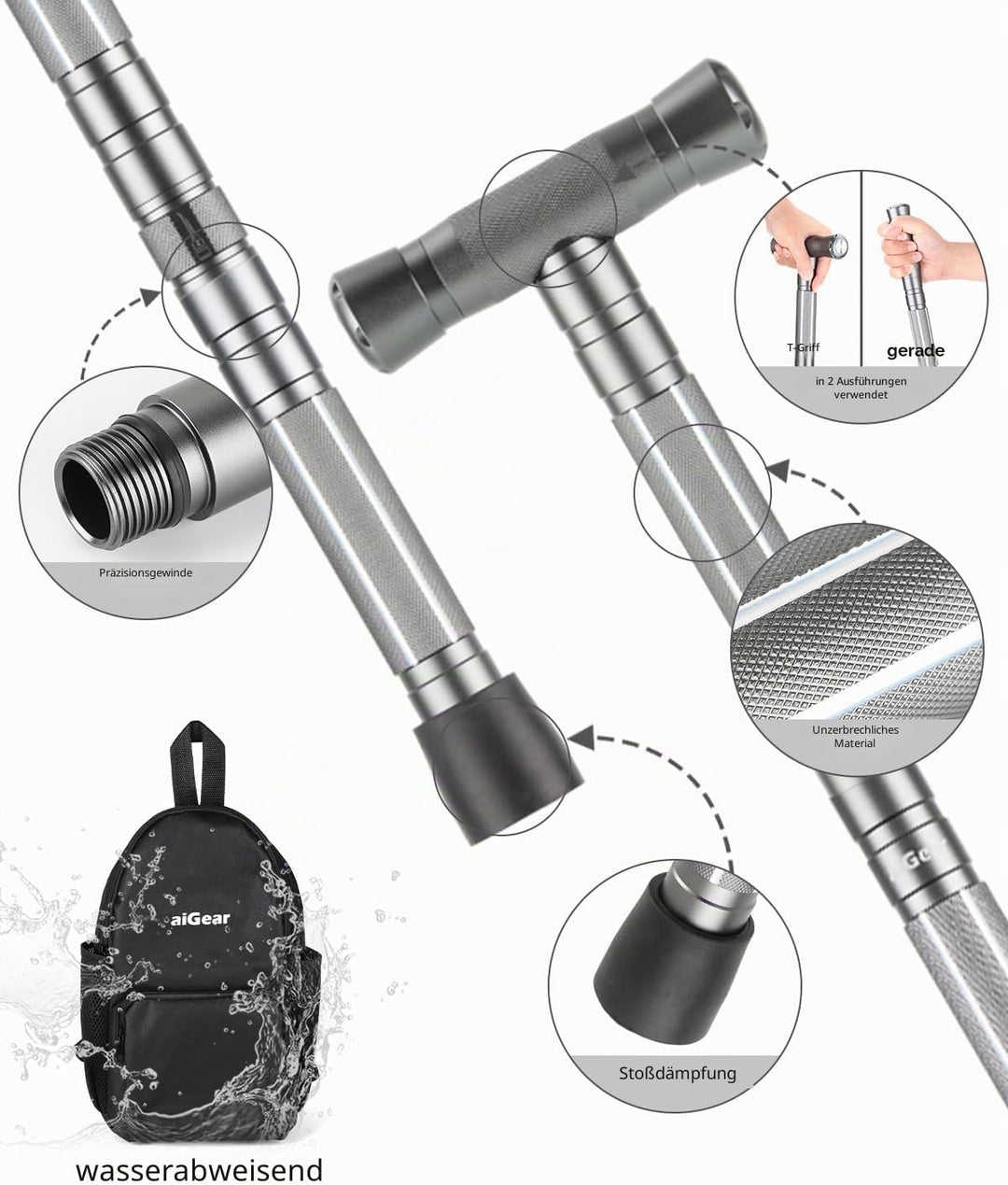 aiGear Wanderstöcke 5/6/7/8 Rohres Schwarz Aluminium mit 3 Wandern Zubehörs Grau ‎5 Tubes/39", Grau