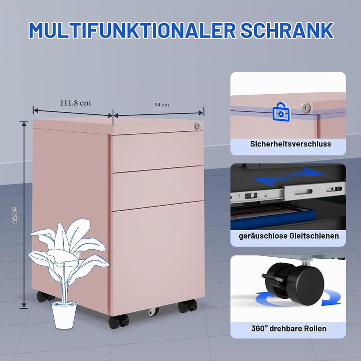 FLEXISPOT Rollcontainer kleiner Schrank mit 3 Schubladen, mobiler Aktenschrank mit Rollen, abschlies