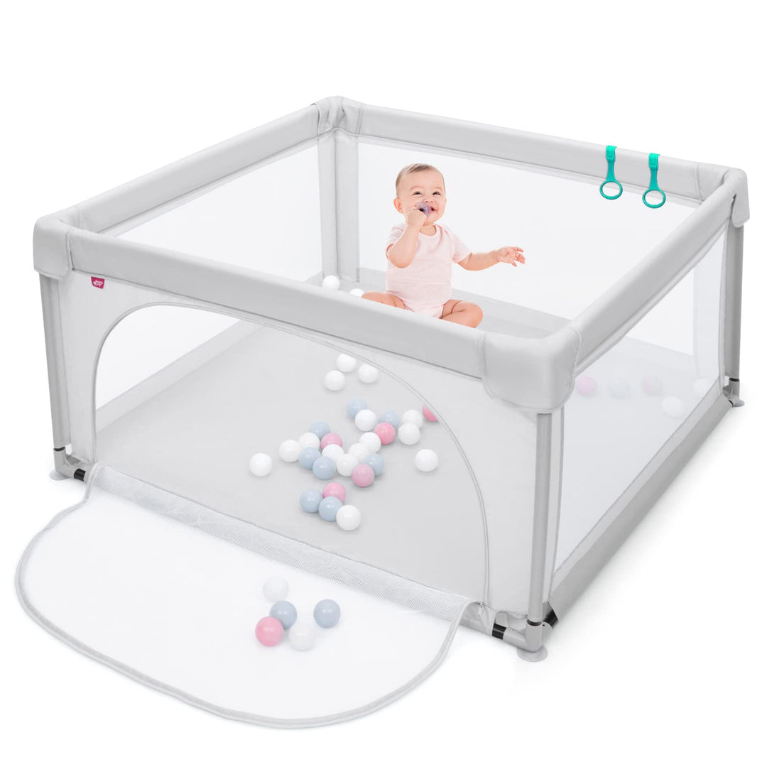 DREAMADE 120 x 120 cm Laufstall Baby, Laufgitter mit 50 Spielbällen & 2 Zugring, Schutzgitter mit At
