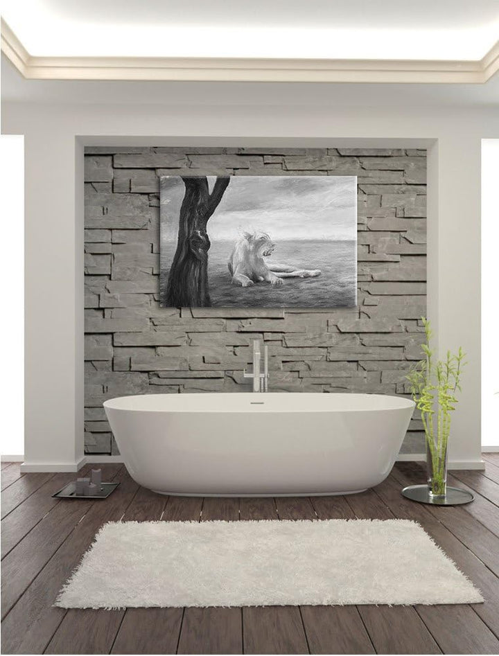 Pixxprint Löwin Ruhe Savanne Kunst als Leinwandbild/Grösse: 100x70 cm/Wandbild/Kunstdruck/fertig bes