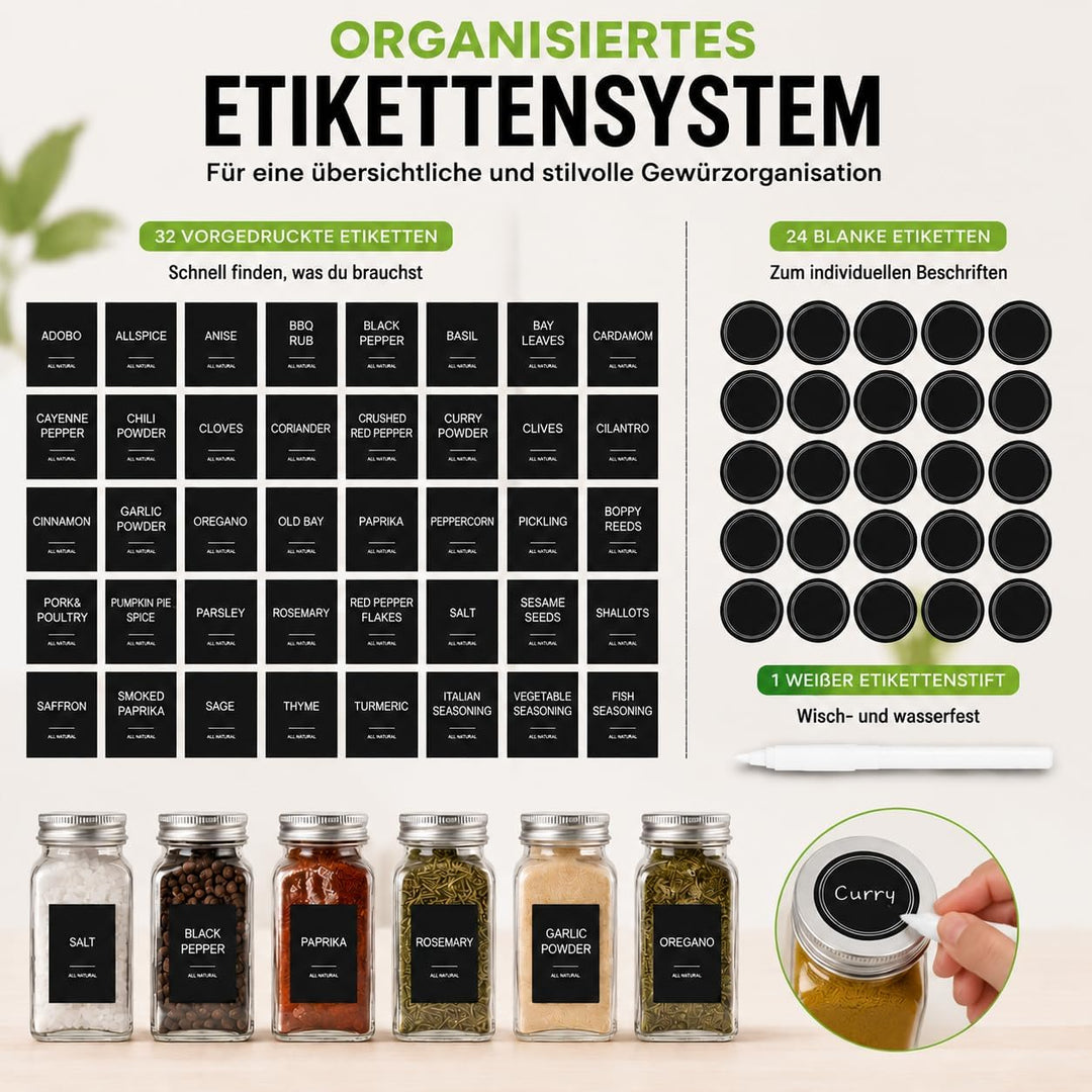 elf-family Gewürzgläser Eckig Set [12 x 120ml] mit Streueinsatz und Etiketten Premium Luftdichte Gew