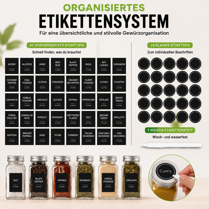 elf-family Gewürzgläser Eckig Set [12 x 120ml] mit Streueinsatz und Etiketten Premium Luftdichte Gew