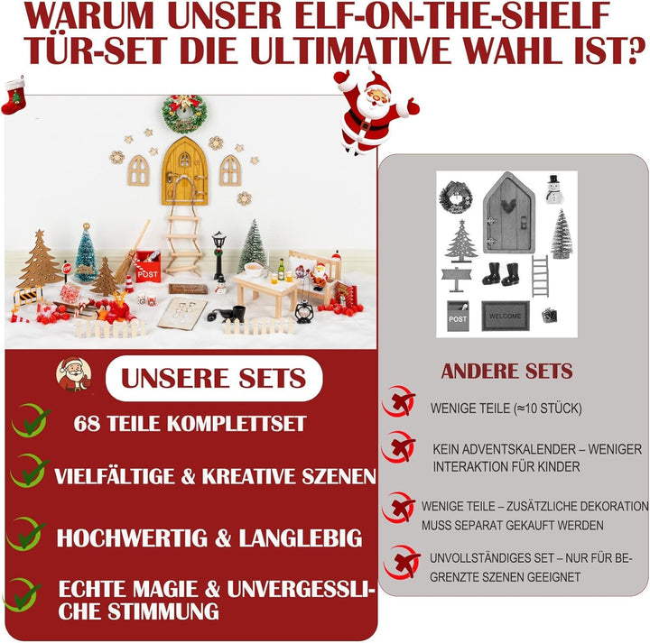 68 Stück Wichteltür Set Weihnachten – Wichtel Set mit Zubehör DIY Deko Komplettset aus Holz & Kunsts
