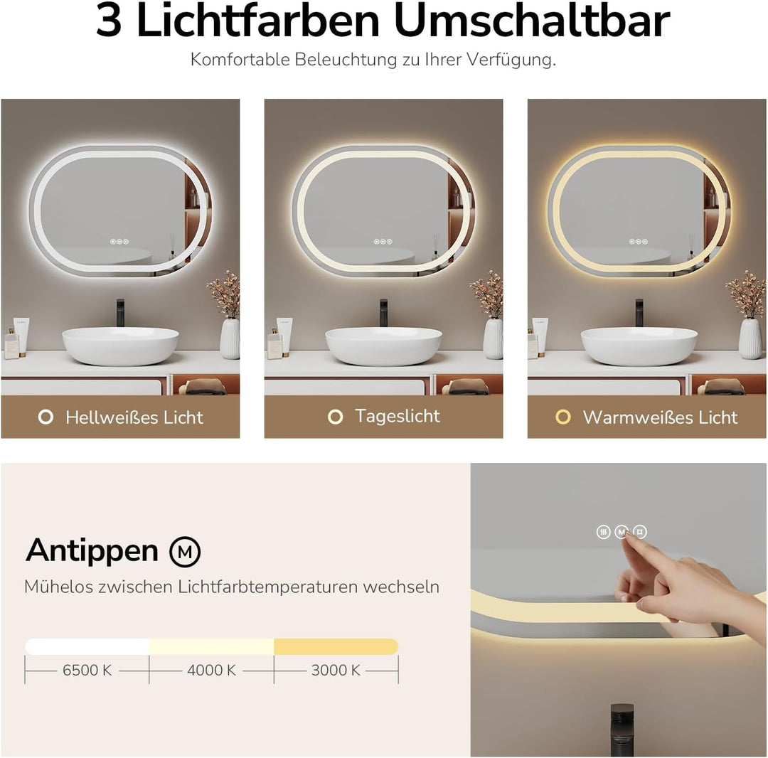 EMKE Badspiegel mit Beleuchtung 60x80cm Oval Spiegel mit Touch-Schalter/3 Lichtfarbe Dimmbar/Antibes