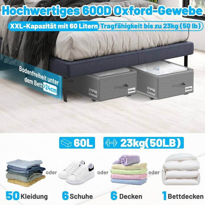 Unterbettkommode mit Rollen 360°Drehung, 2 Stück XXL 60L Unterbett Aufbewahrungsbox mit Transparente