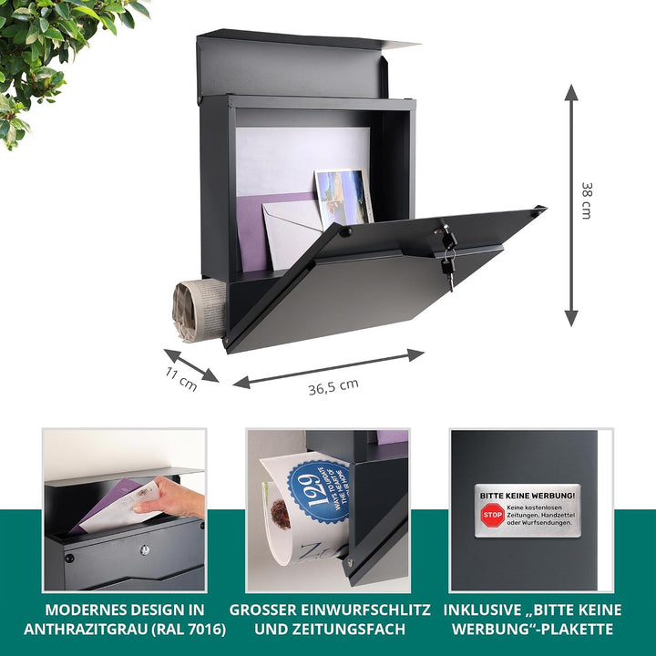 Forgard Briefkasten Anthrazit mit Zeitungsfach (RAL 7016), personalisiert, Postkasten Modern aus Zin