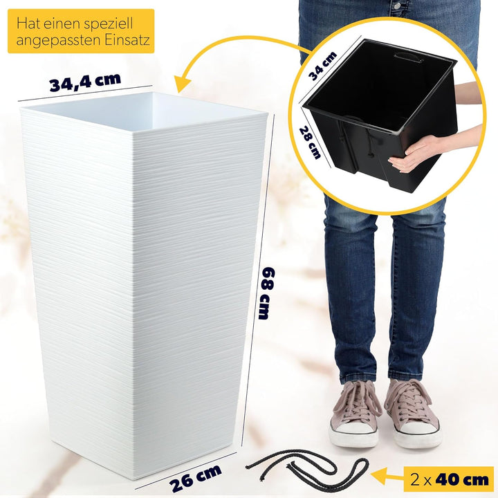 KADAX Pflanzkübel mit Innentopf, Höhe 68cm, Weiss – Wetterfester Blumentopf für Innen & Aussen, idea