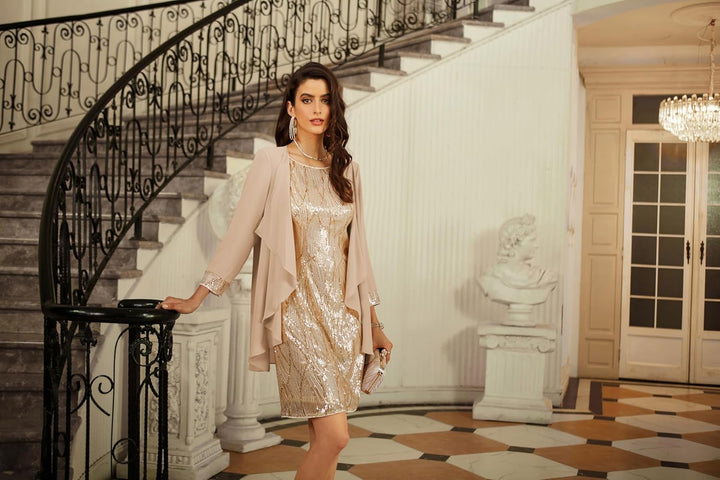 GRACE KARIN Damen Ärmelloses Rundhals Pailletten Cami Kleid Elegant Zweiteiler Tüll Cardigan Abendkl