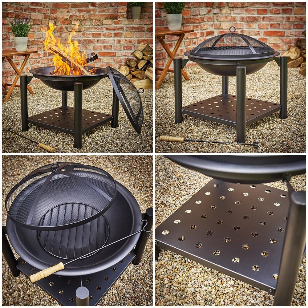 GARDEBRUK® Feuersschale mit Funkenschutz Rund Ø55cm Schürhaken Ablagefach Stahl Schwarz Terrasse Gar