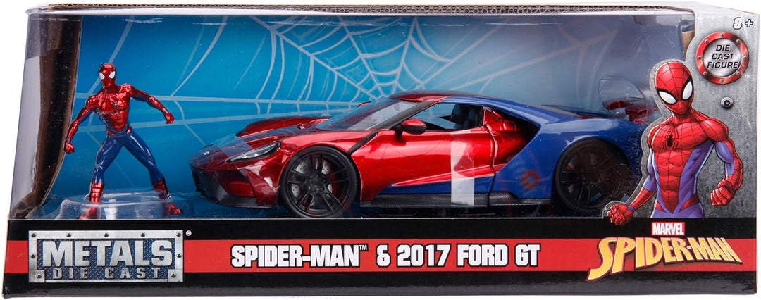 Jada Toys 253225002 Marvel Spiderman 2017 Ford GT, 1:24 Modellauto Figur, aus Zinkdruckguss, öffnend
