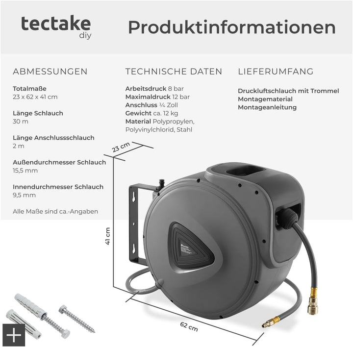 tectake 800801 Druckluftschlauch Aufroller mit ¼ Zoll Schnellkupplung, Aufroll-Automatik mit Schlauc