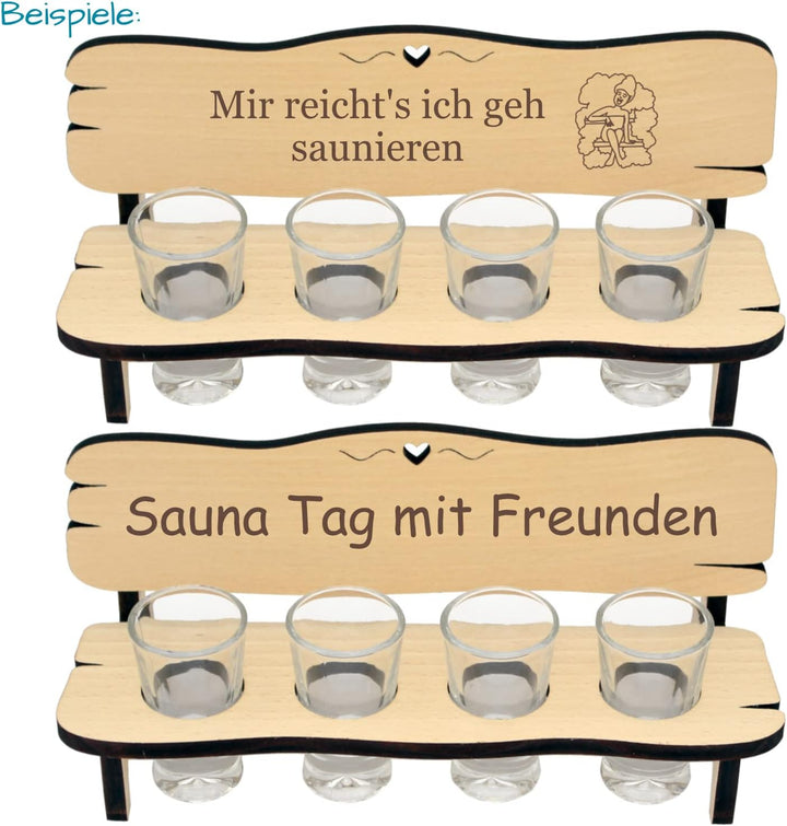 Saunabank mit Schnapsgläsern - Gravur mit Name + Spruch - mit Zwei Gläser oder 4, Geschenkidee für S