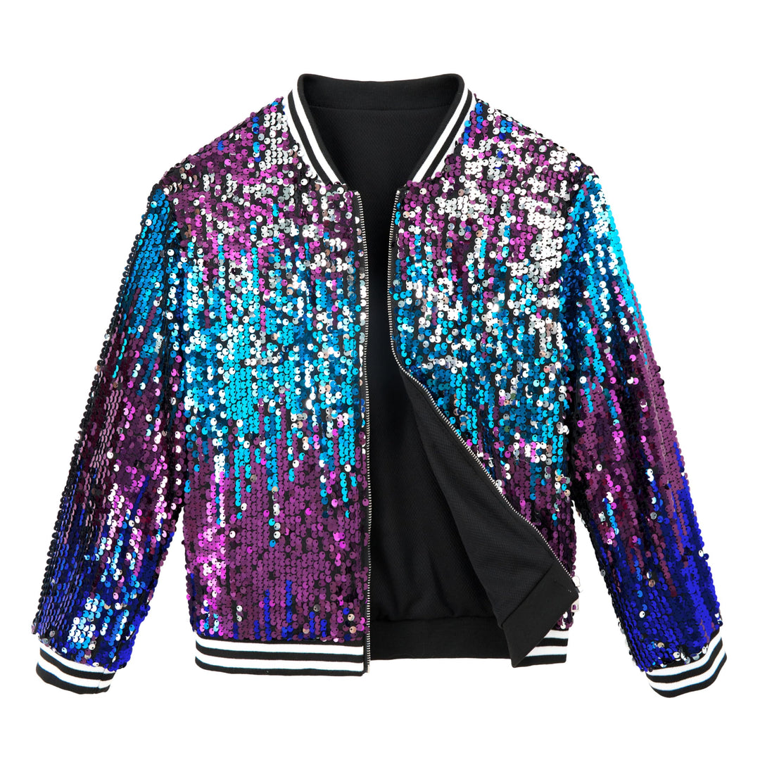 Mädchen Pailletten Bomberjacke mit Taschen Reissverschluss Langarm Glitzer Baseball Jacken für Kinde