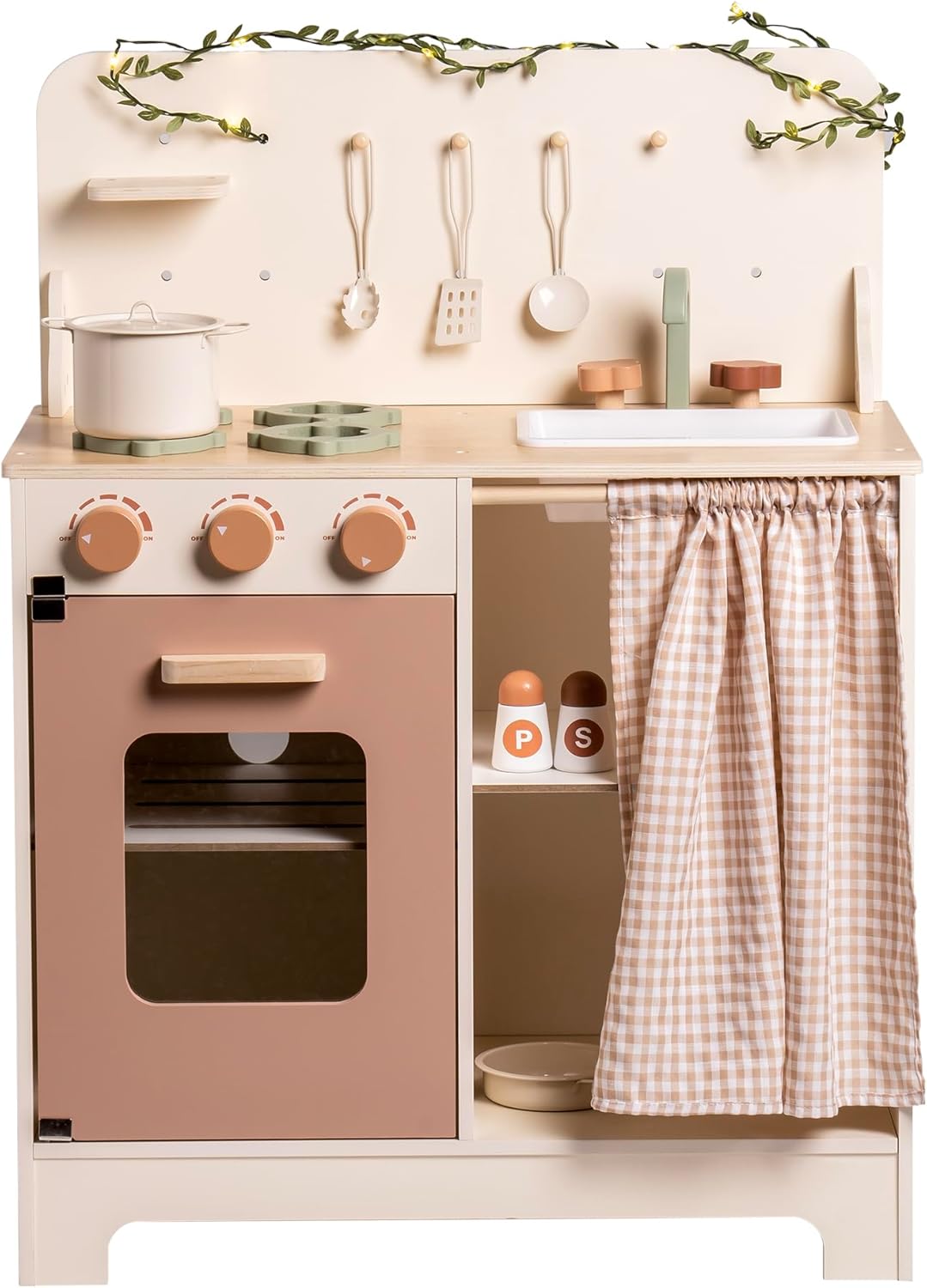 ROBOTIME Kinder-Holzküche in Rosa Creme, inklusive Schürze, Handschuh, Ofen und Wasserhahn, mit Vorh