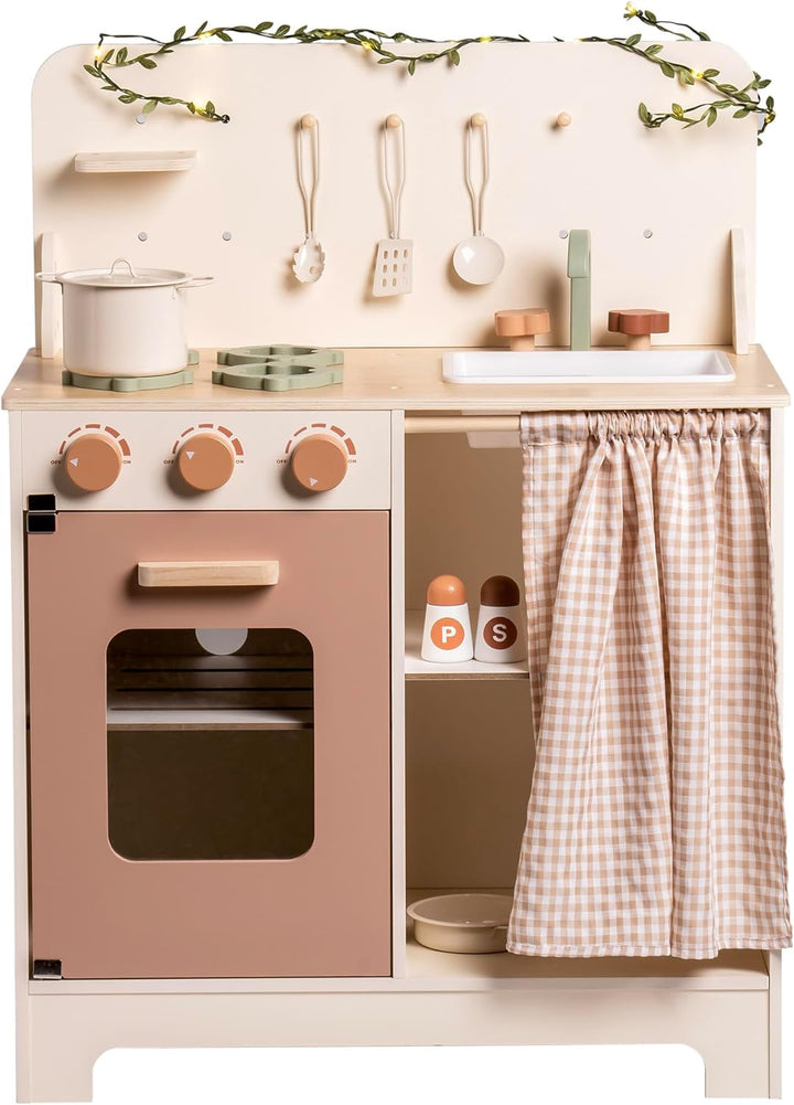 ROBOTIME Kinder-Holzküche in Rosa Creme, inklusive Schürze, Handschuh, Ofen und Wasserhahn, mit Vorh