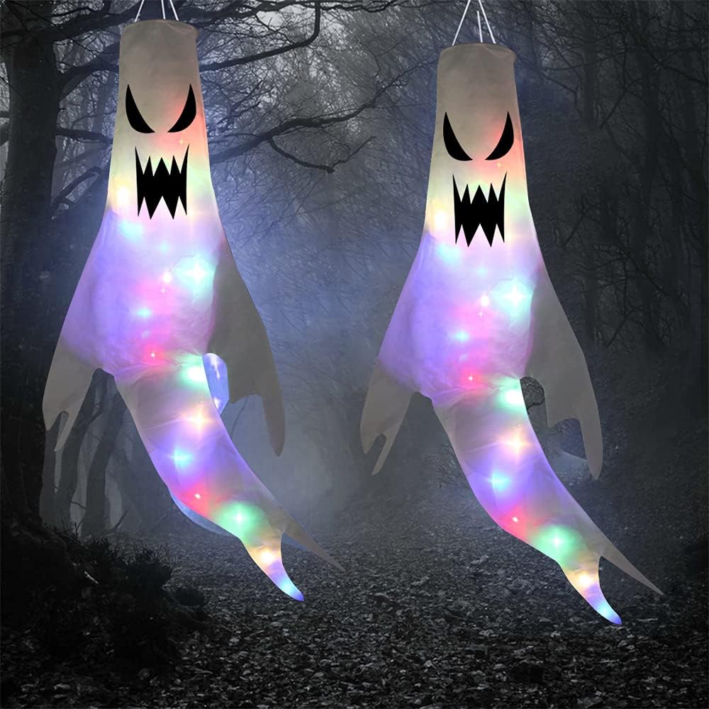 3 Stück Halloween Deko Geist mit Bunt LED Lichtern, 120x50cm Halloween Deko Outdoor Innen Ghost Wind