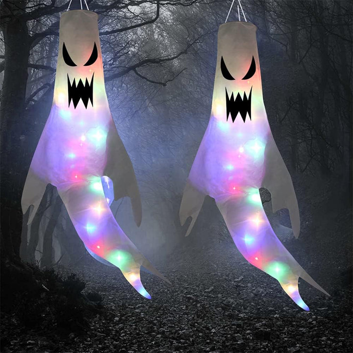 3 Stück Halloween Deko Geist mit Bunt LED Lichtern, 120x50cm Halloween Deko Outdoor Innen Ghost Wind