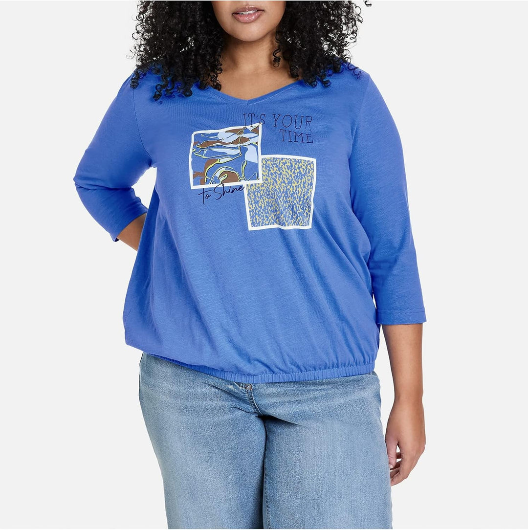 Samoon Damen 3/4 Arm Shirt mit Front-Print 3/4 Arm Frontprint 44 Blue Bonnet Gemustert, 44 Blue Bonn