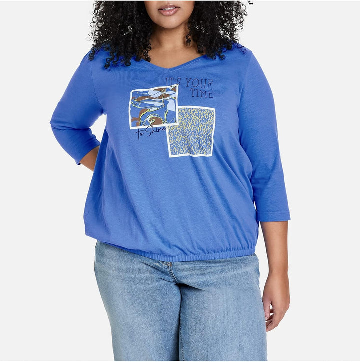 Samoon Damen 3/4 Arm Shirt mit Front-Print 3/4 Arm Frontprint 44 Blue Bonnet Gemustert, 44 Blue Bonn