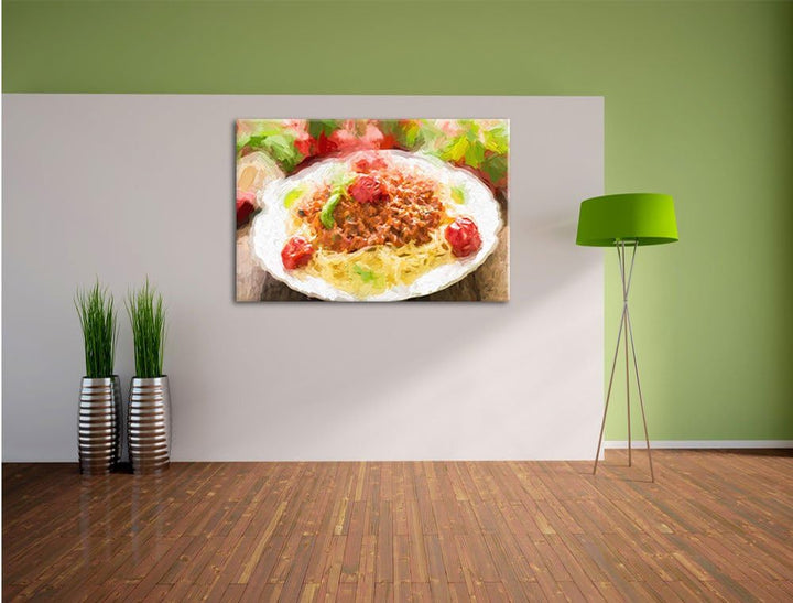 Pixxprint Spaghetti Bolognese auf dem Teller Kunst Pinsel Effekt, Format: 100x70 auf Leinwand, 100x7