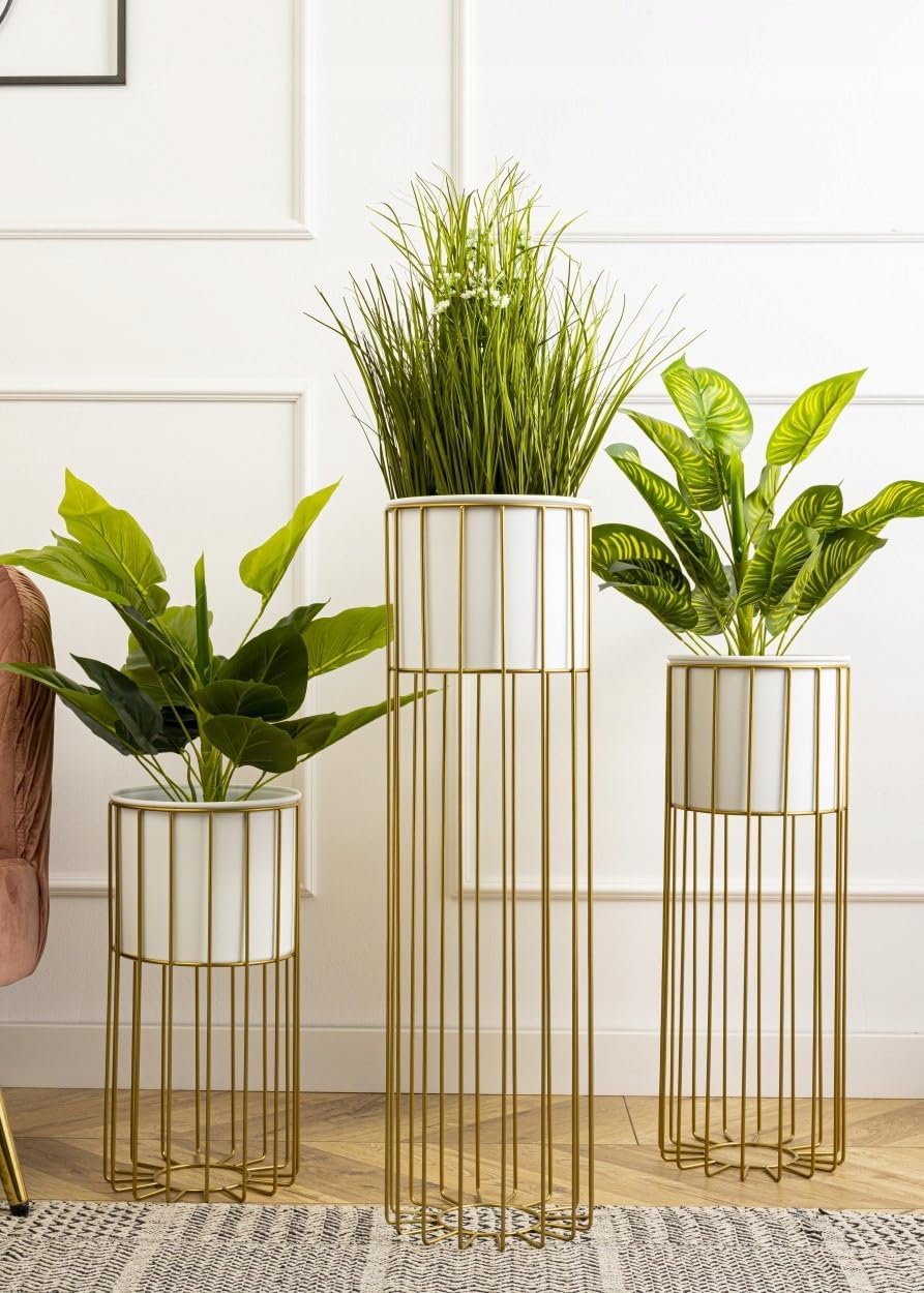Moderne Blumenständer Metall 42 cm Hoch mit Weiss Blumentopf Rund 19 cm Ø auf Robuste Gold Ständer -