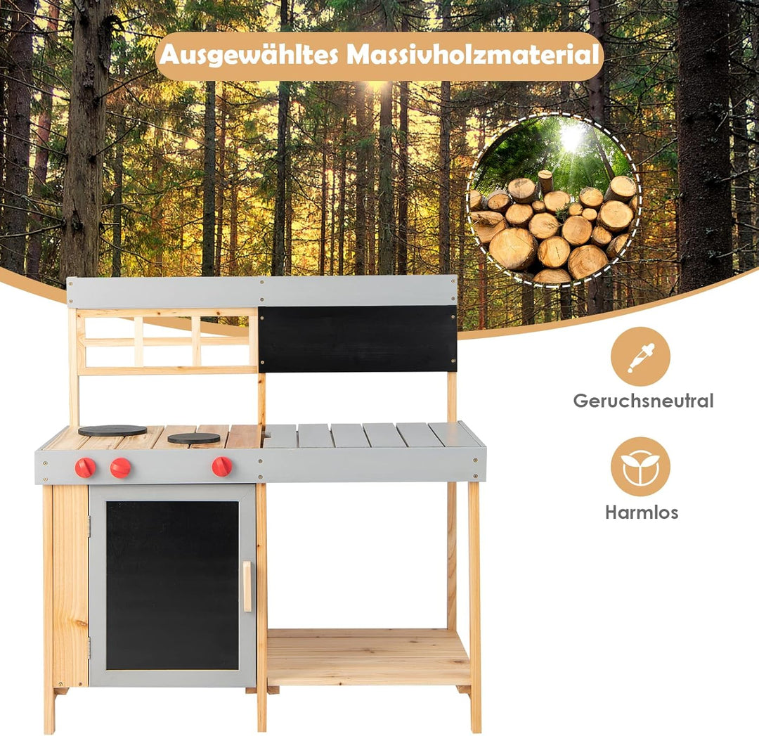 GOPLUS Kinderküche aus Massivholz, Stabile Matschküche mit Wasserbecken & Kreidetafel, Küche Spielse