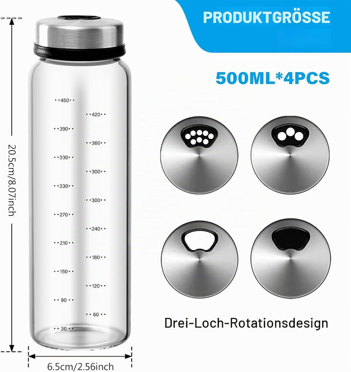 4 Stück Gewürzgläser Mit Drehdeckel 500 ML, Borosilikatglas Gewürzstreuer Mit 3 Arten Von Gewürzlöch