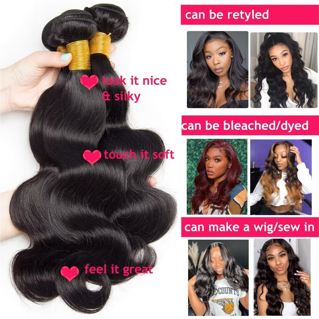 Huarisi 24 Inch Body Wave Bundles Human Hair Weave, 1 Bundle Brazilian Body Wave Hair Bundles for Bl