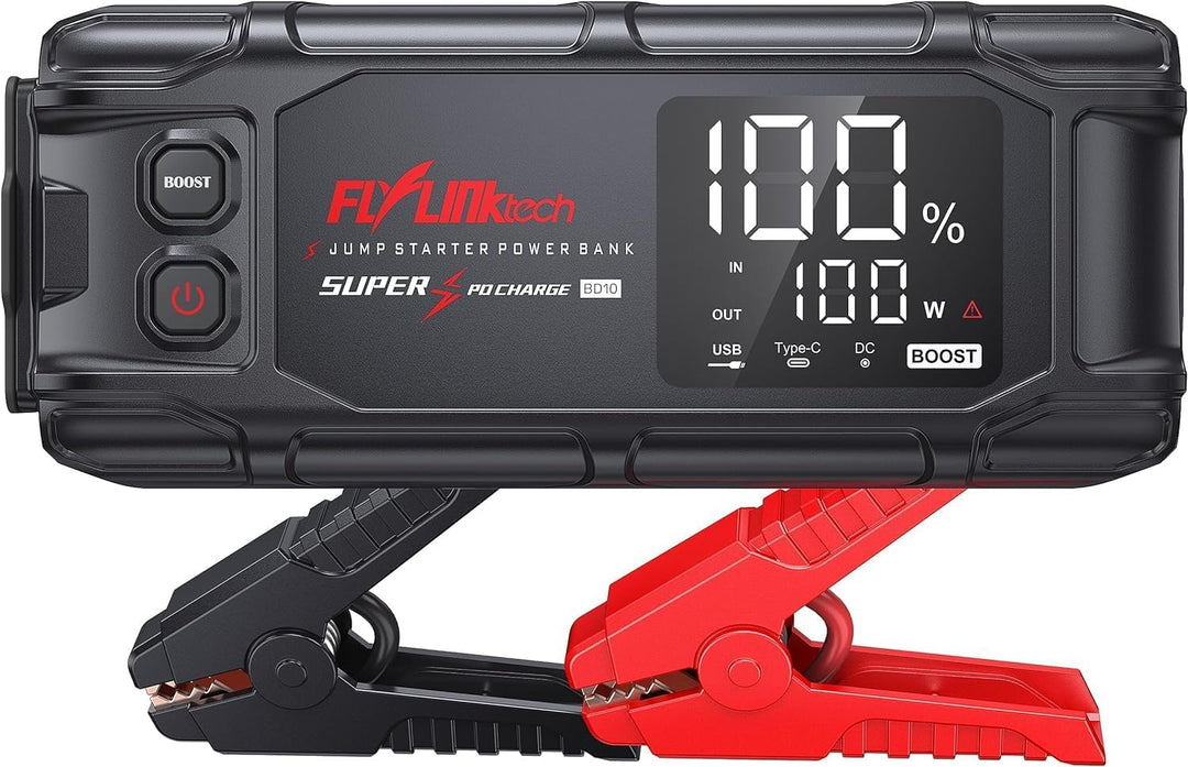 FLYLINKTECH Starthilfe Powerbank, 6000A Spitzstrom 26800mAh Tragbare Auto 12V mit LCD Bildschirm für
