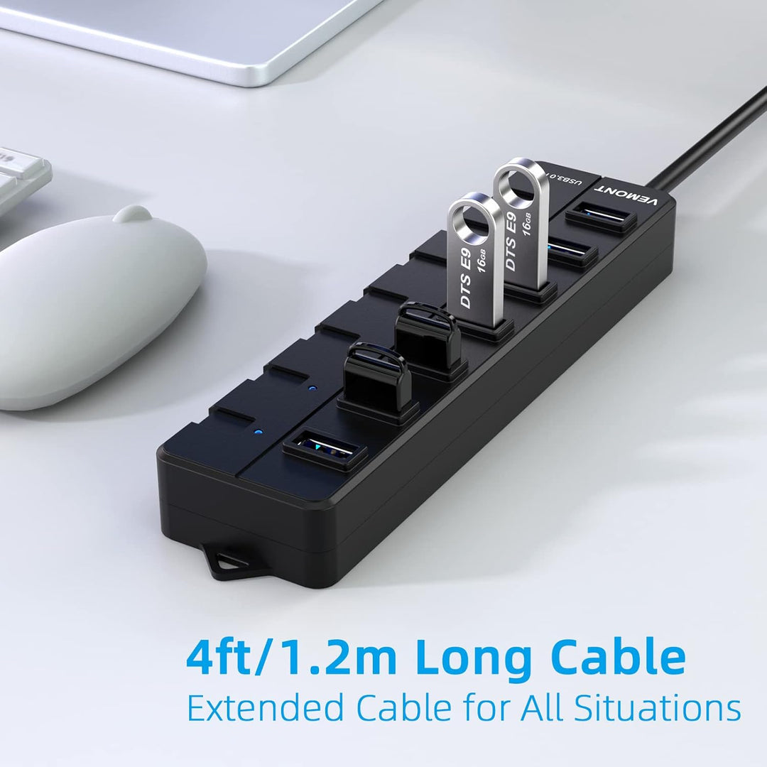 USB 3.0 Hub mit Netzteil,VEMONT 7 Ports USB Hub Aktiv USB Verteiler 5Gbps und Einzelne EIN/Aus-Schal