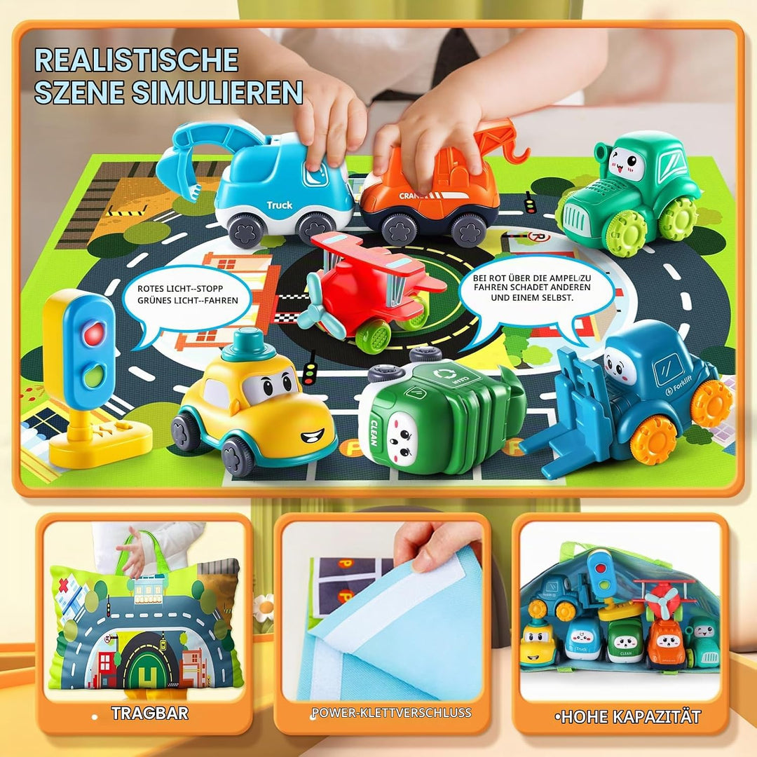lerrbo 7 Vehicles with Kräne, Map and Blue Traffic Light &amp;Aufbewahrungstasche|Babyspielzeug für 1 jä