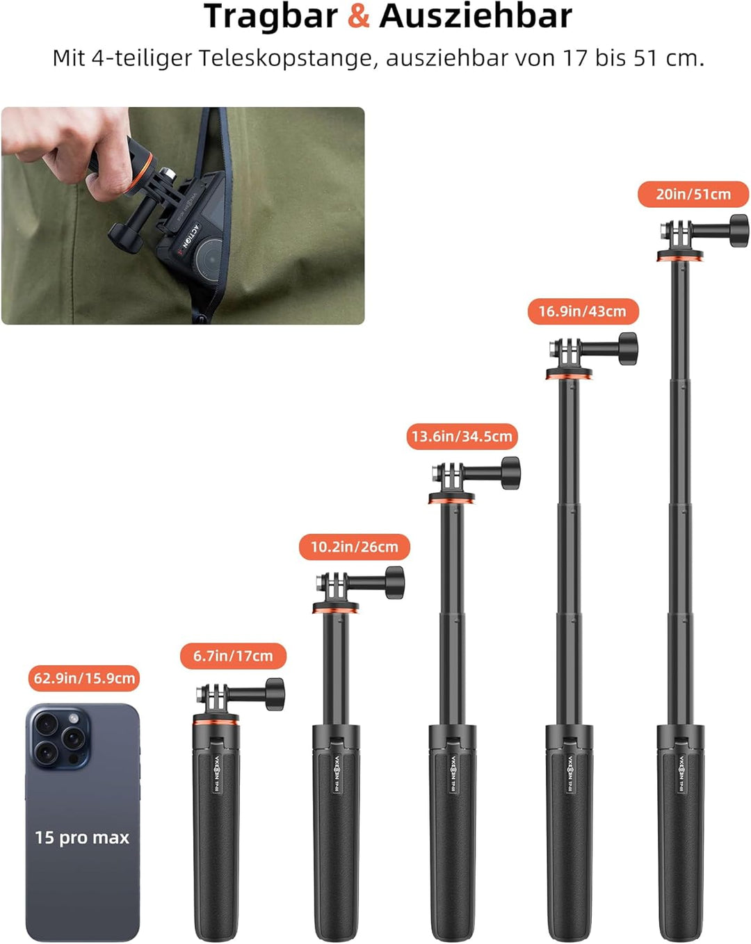 Osmo Action Mini-Stativ - 51cm Mini Verlängerungsstabset mit Stativ Halterung für DJI Action 6/5 Pro