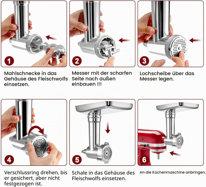 Fleischwolf Aufsatz für KitchenAid Küchenmaschinen, Fleischwolf Zubehör inklusive 3 Wurstfüllrohre,