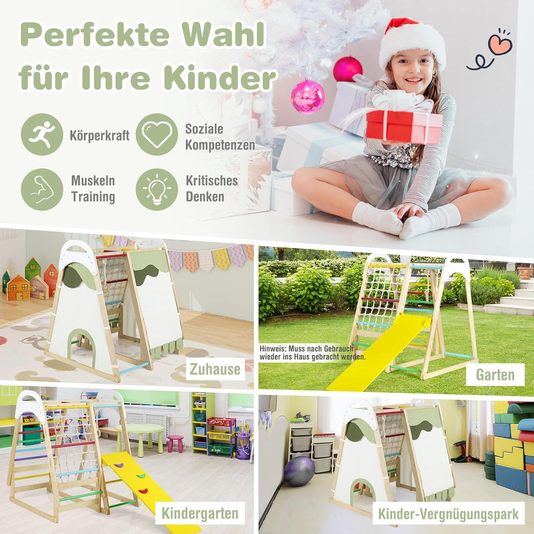 COSTWAY Klettergerüst Indoor, 6 in 1 Turnringen & Kletterfelsen & Kletternetz & Leiter & Pull Up Bar