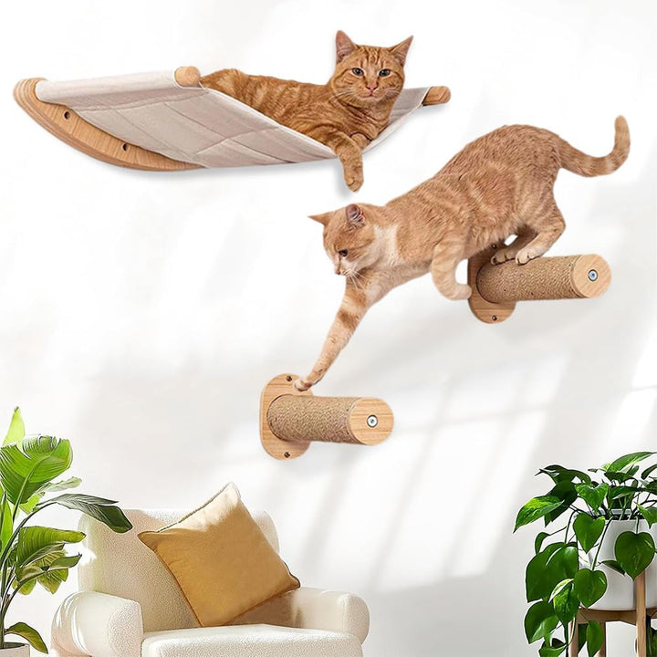 Kletterwand für Katzen mit 2 x Treppen, 1 x Hängematte, Katzenkratzbaum, Wandliege, für Katzen, abne