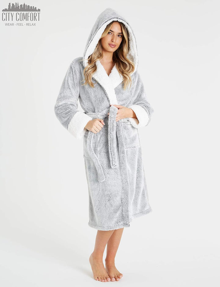 CityComfort Bademantel Damen Flauschig, Fleece Morgenmantel Damen Dressing Gown Women S Grau, S Grau